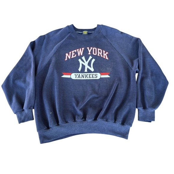 Vintage Jerzees New York Yankees MLB Raglan Crewneck Sweatshirt Large Soft Faded - Picture 2 of 12